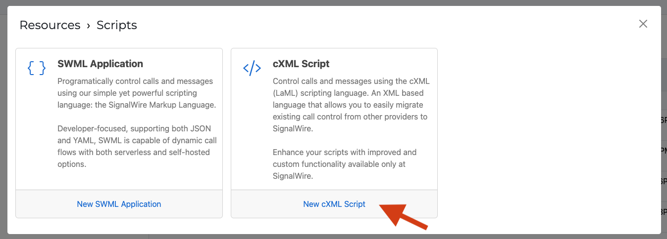 The new resource dialog showing cXML script
creation.